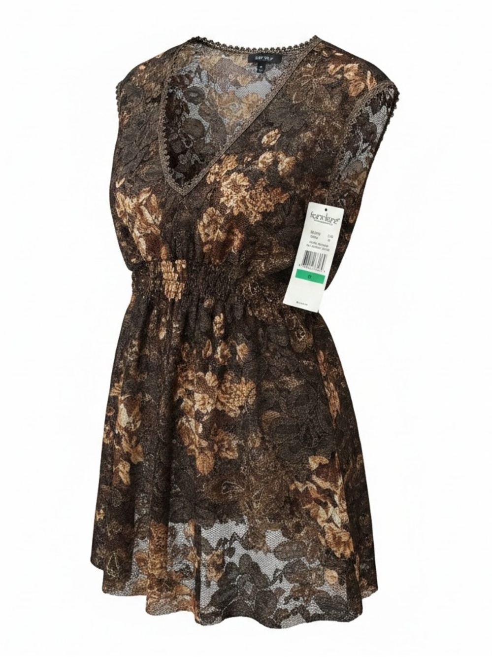 Karen Kane Brown Floral Lace-Trim V-Neck Spice Market Shirred Top SZ L Rare NWT - Picture 2 of 14